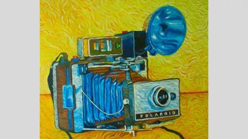 A Van Gogh styled painting of a polaroid camera with a large flash attached on a yellow background.