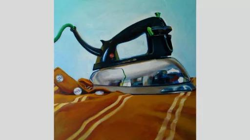 A painting of an old fashioned Sunbeam iron, ironing some brown cloth with yellow stripes/