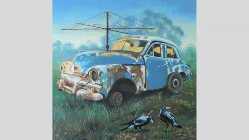 A painting of an old broken down car missing a wheel, two magies in the foreground and a hills hoist in the background