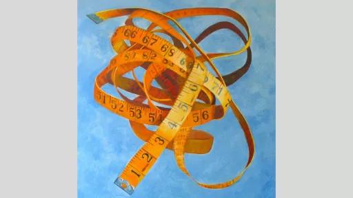 A painting of a tangled dressmakers tape. The measuring tape is floating on a blue background.