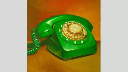 A painting of a green telephone with a circular dial pad.