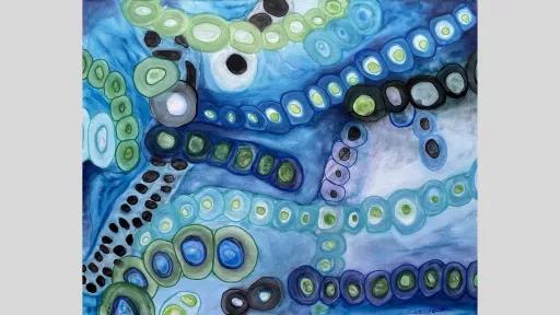 Abstract painting of circles resembling strings of cells. The colours used are primarily blue and green.