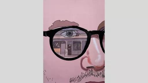 Close up painting of the right side of a person's face. The person is wearing glasses with black rims, and the reflection of the glasses shows a store front with a sign that says 'Outlaw'.