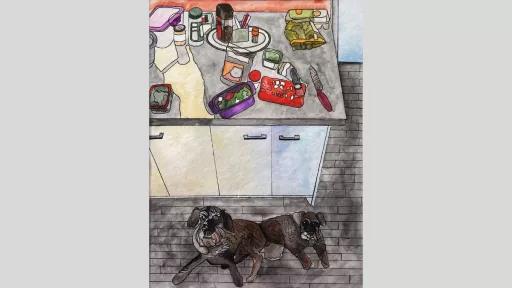 Watercolour painting of a kitchen. Two small black dogs are on the floor, and there are a number of ingredients on the kitchen bench.