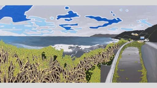 Acrylic painting of the Great Ocean Road. The water is on the right and the road is on the left.