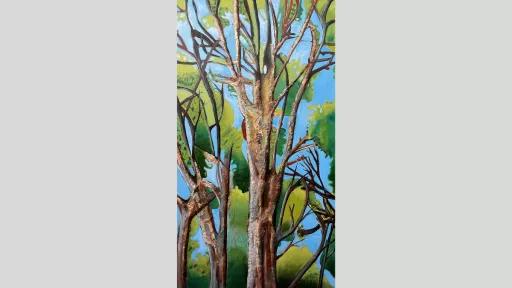 Painting of tall trees with blue sky peaking between the branches.