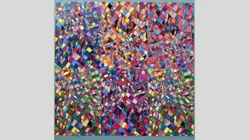 Stain glass style painting of diagonal squares and rectangles. 