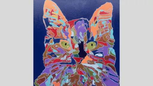 Graphic-style painting of a cat. The background is a solid dark blue colour, and the cat is made up of orange, purple, rust, and green portions that together make the shape of a cat.