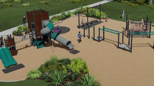 Computer-generated image of a playground with slide, monkey bars and play unit