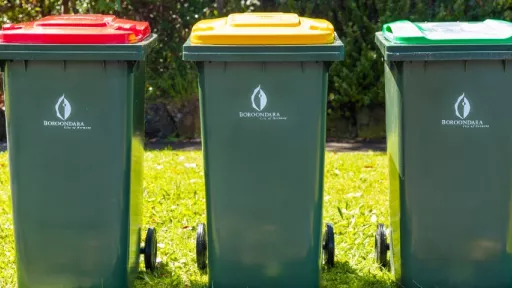 3 bins - red lid, yellow lid, green lid