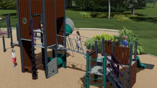 Computer-generated image of a timber play unit in a playground