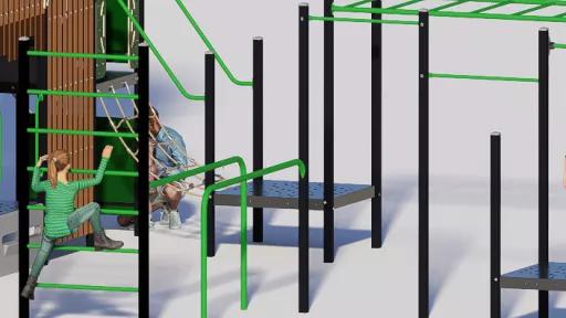 Computer-generated image of fitness equipment like parallel bars and pull up bars