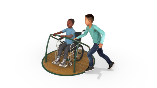 Artist mock-up of two children playing on an accessible carousel. One child is seated on the carousel, while the other stands beside it, gently pushing to keep it moving. 