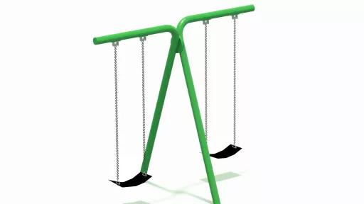 Computer-generated image of a t-shaped frame supporting 2 swings