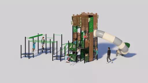 Computer-generated image of a playground with slide, monkey bars and climbing walls