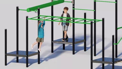 Computer-generated image of monkey bars and a track glider or flying fox