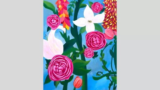 Painting of pink and white flowers on a vine.