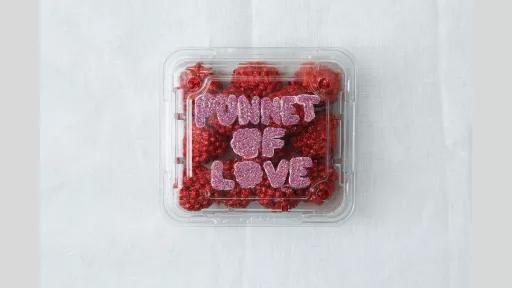 Glitter on Plastic artwork of raspberries in a plastic punnet container saying with the writing 'Punnet of Love' in felt on the top