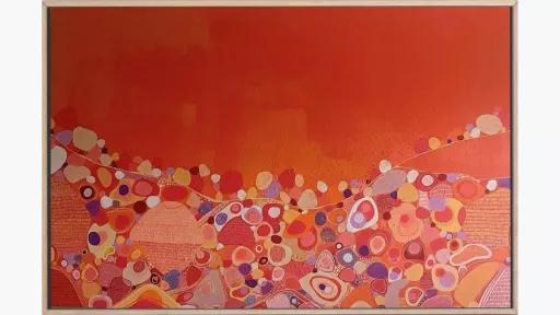 image of abstract painting with rounded shapes in various hues of red, pink, purple and yellow on an orange-red background. The composition resembles a hilly landscape against a red sky. 