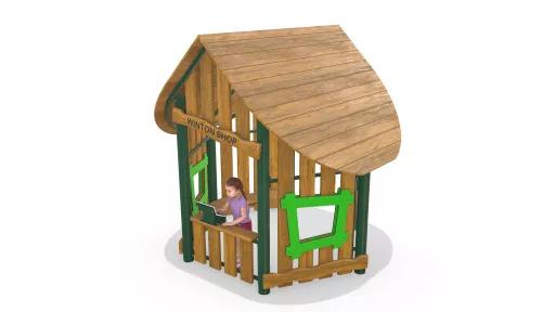 An artist's impression of a wooden cubby house, with a young girl playing inside, visible through windows.