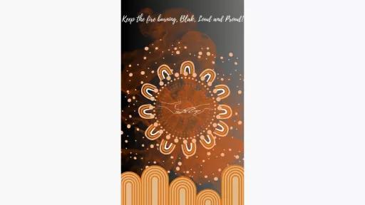 digital image of two hands reaching out to each other in a circle made of arches and dots in different shades of brown. 'Keep the Fire burning, blak loud and proud!' is written in white text across the top.