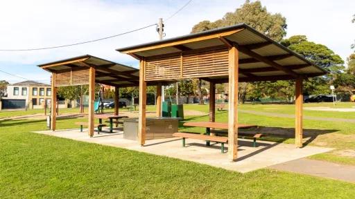 Covered picnic tables in a park