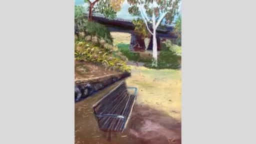 Pastel drawing of park bench under gum trees. There is a modernist building in the background.