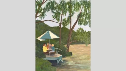 A painting of figures seated at a table by a river. They are under a green and white sun umbrella.