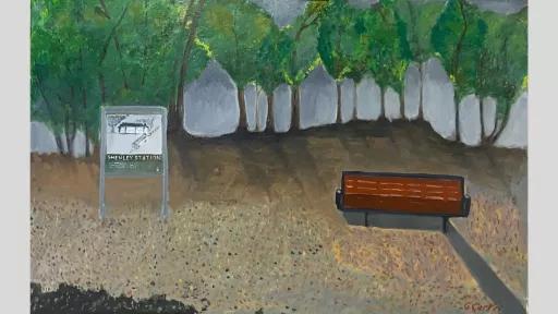 Half of this painting is crushed rock on the ground. The is a park bench with no one sitting on it, a sign and some trees in the background.