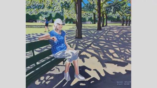 Painting of a woman resting on a park bench in a park. The trees are casting shadows on the ground. She is in mottled shade.