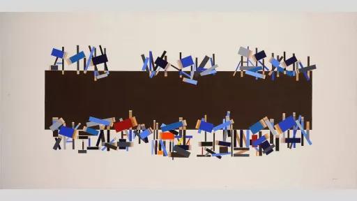 An abstract painting that looks like an arial view of people sitting around a black dining table.