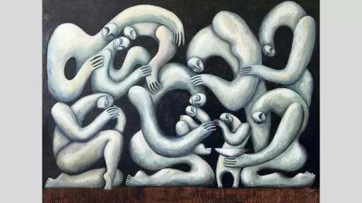 Abstract painting of multiple figures swirling and embracing each other