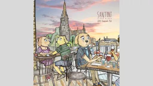 Painting of humanised dogs having drinks and eating dinner at Santoni's restaurant at sunset