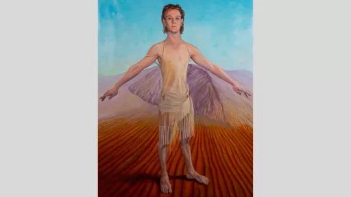 Painting of a person in the desert with their arms out stretched in a dancing pose. They are wearing a sheer beige dress.