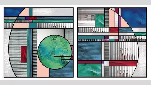 Digital print on canvas of glass mosaic featuring blue, green, red, and clear glass.