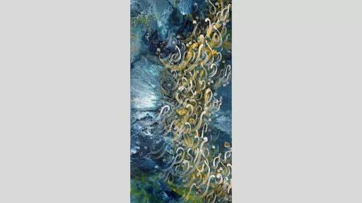 Abstract painting of Persian characters cascading down the canvas. The background is blue and white like the ocean.