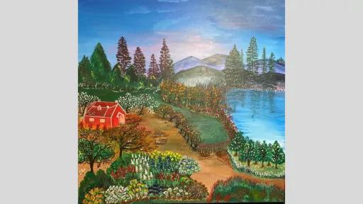 Painting of a forest scene. There is a red house facing a lake, with mountains in the background and colourful flowers in the foreground.