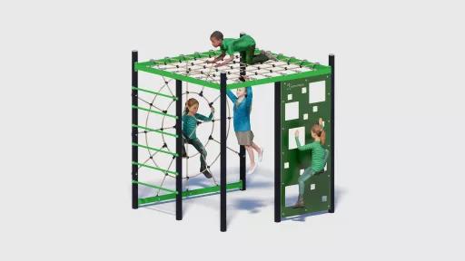 Computer-generated image of a climbing frame with squares cut out of the side to climb up and a rope grid across the top