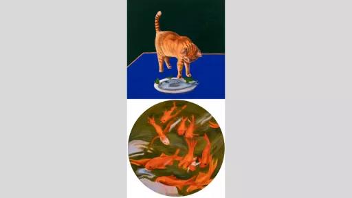 Diptych painting of an orange cat pawing at a fish on a plate. Below is a circular painting of goldfish or carp swimming in a pond.