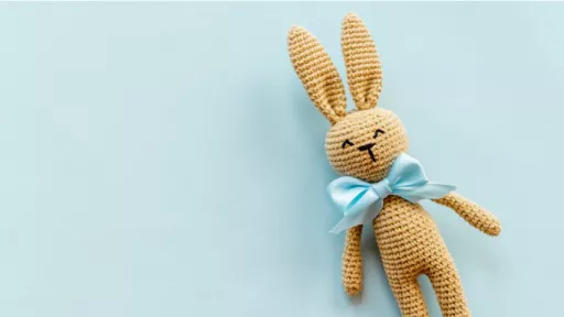 Brown toy rabbit with blue bow