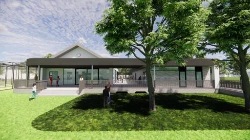 Render of Frog Hollow Reserve Pavilion: A modern pavilion surrounded by greenery under a bright blue sky. People are seen enjoying the space, with some walking and others relaxing near the building.