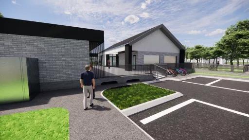 Render of Frog Hollow Reserve Pavilion. A modern pavilion surrounded by greenery under a bright blue sky. The back of the pavilion is shown with a car park area and people walking to the pavilion.