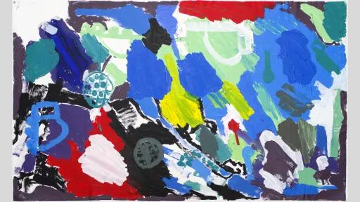 Abstract painting featuring dark blue, light blue, yellow, white and red paint on a black background. 