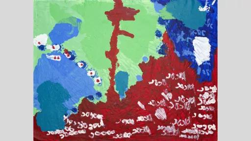 Abstract painting using red, green, blue and white paint. Scribbles in white paint cover the bottom right hand side.