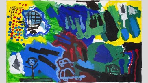 Abstract painting of splotches of primary colours. A figure of a person and a car are at the bottom of the work.