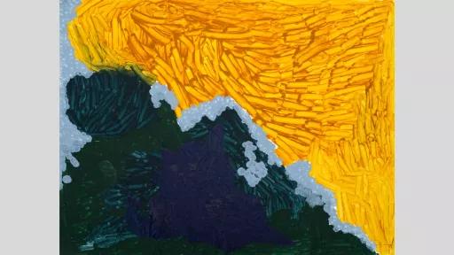 Abstract painting of yellow paint in the top right corner and dark green and blue in the bottom left, with winding light blue paint in the middle representing a river