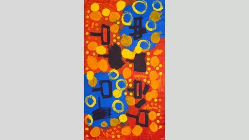 Abstract painting of black rectangles on black lines resembling people. Yellow and orange circles cover a red and blue background.