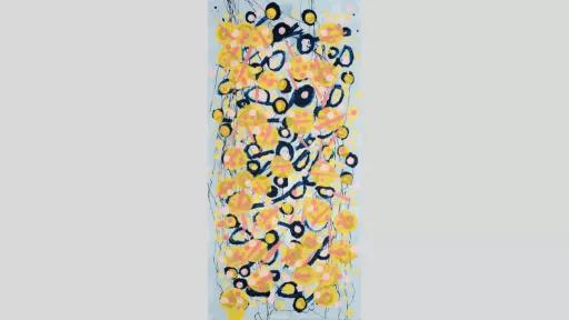 Abstract painting of yellow and dark blue interconnected circles on a light blue background.