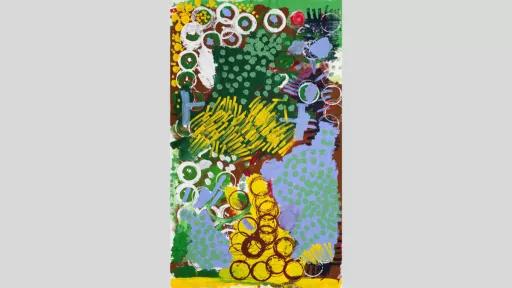 Abstract painting using light blue, yellow, green and maroon paint. Circles resembling a coffee cup stain are imprinted across the canvas.