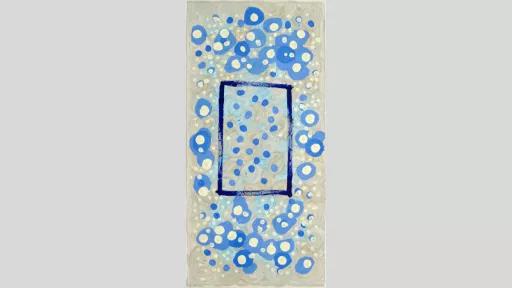 Abstract painting of a dark blue rectangle on top of lighter blue and white dots on a beige background